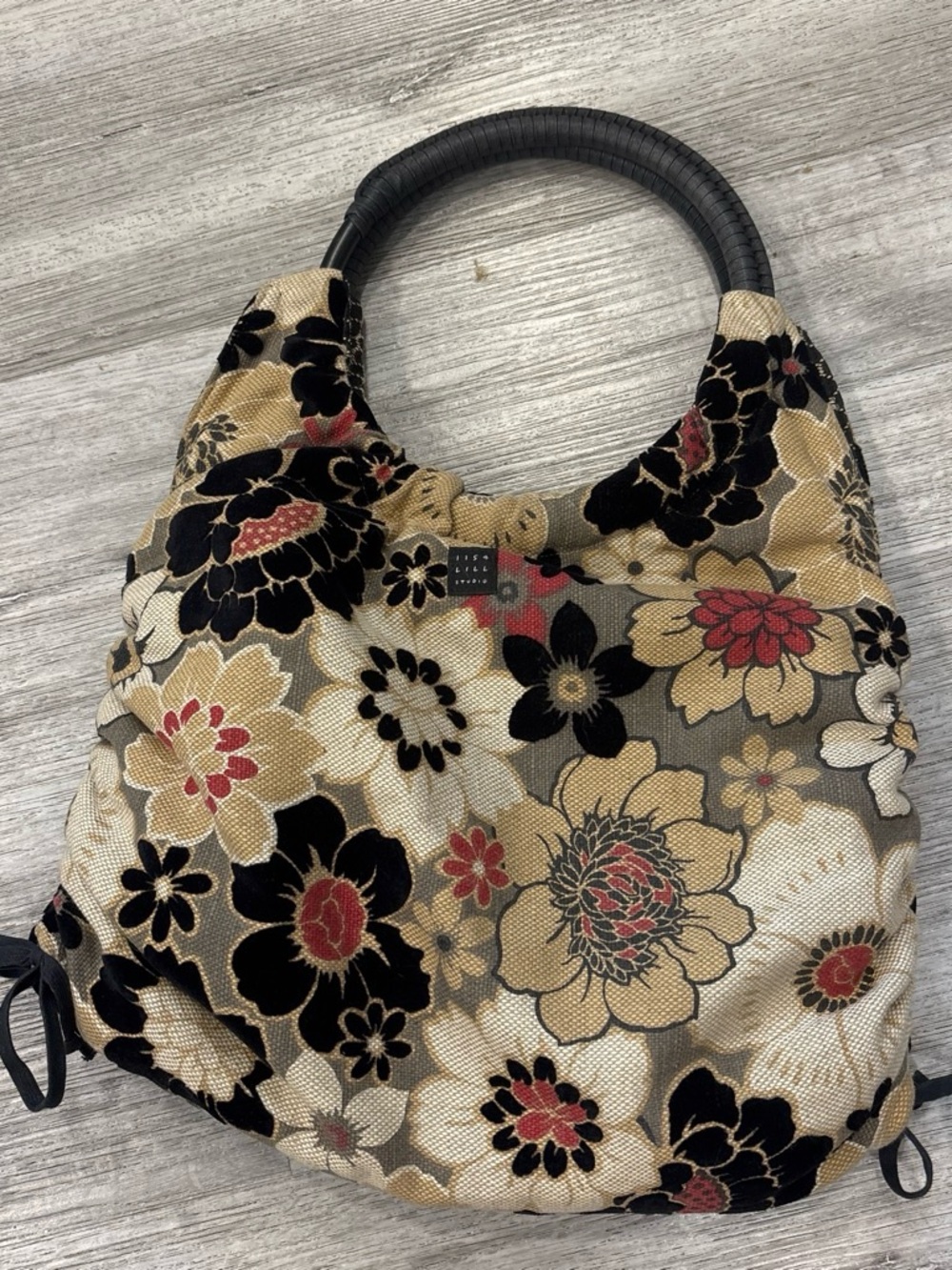 Lisa Lill studio reversible Floral Pattern Hobo Bag Black Wrapped Handles tote